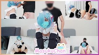 Cute girl with mask cosplay Rem play toys, got fucked and cum in mouth