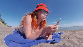 Ginger Redhead Milf Smoking Iqos Cigarette in Swimsuit on the Beach