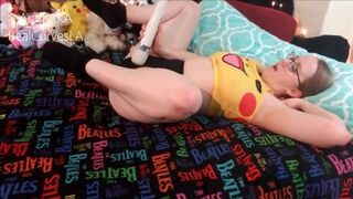 CURVY BLONDE PIKACHU ANDI CUMS THROUGH HER SHORTS WITH HER FAVORITE TOY