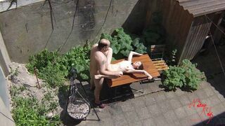 Voyeurs filming bitch fucking with old janitors on the terrace