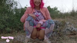Pink haired kitty taking a short pee outdoors ^_^