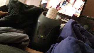 Edging Watching Porn in Bed With Fleshlight Launch Fuck Moaning Cumshot