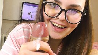 Blowjob and handjob from cutie in glasses a lot of sperm