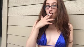 Sexy Goddess D Smoking In Tiny Blue Bikini Top Outside Wearing Glasses - Perky Tits - Long Hair