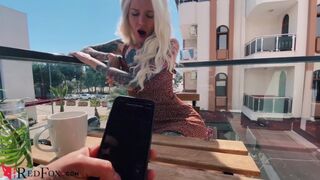 Sexy Blonde Play Pussy Sex Toy in the Public Cafe